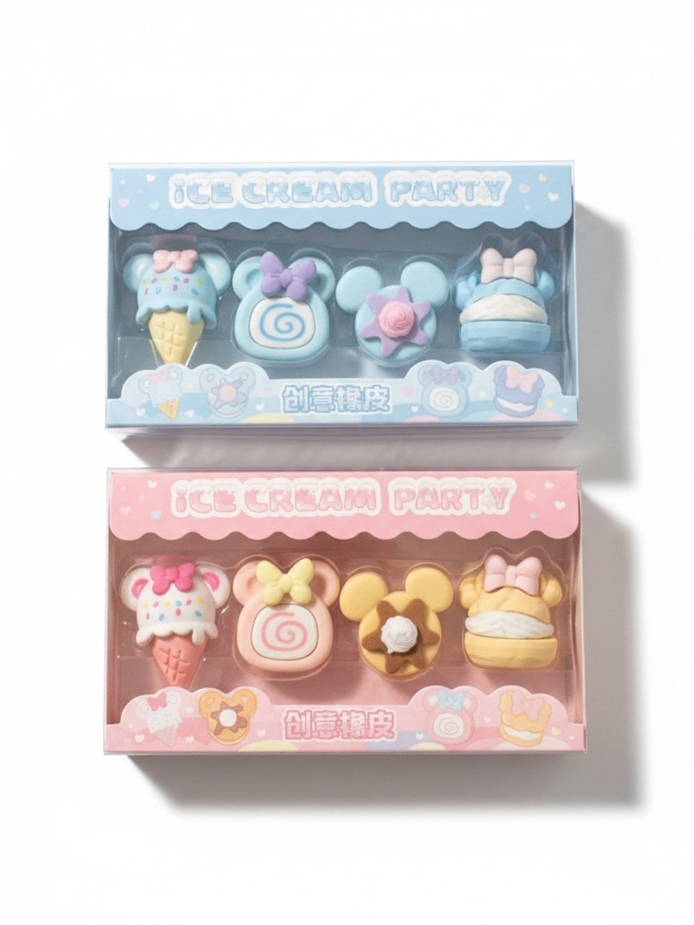 New in Box Ice Cream Party Bundle‎ of 2 Mickey Theme Eraser Sets Disney Kawaii